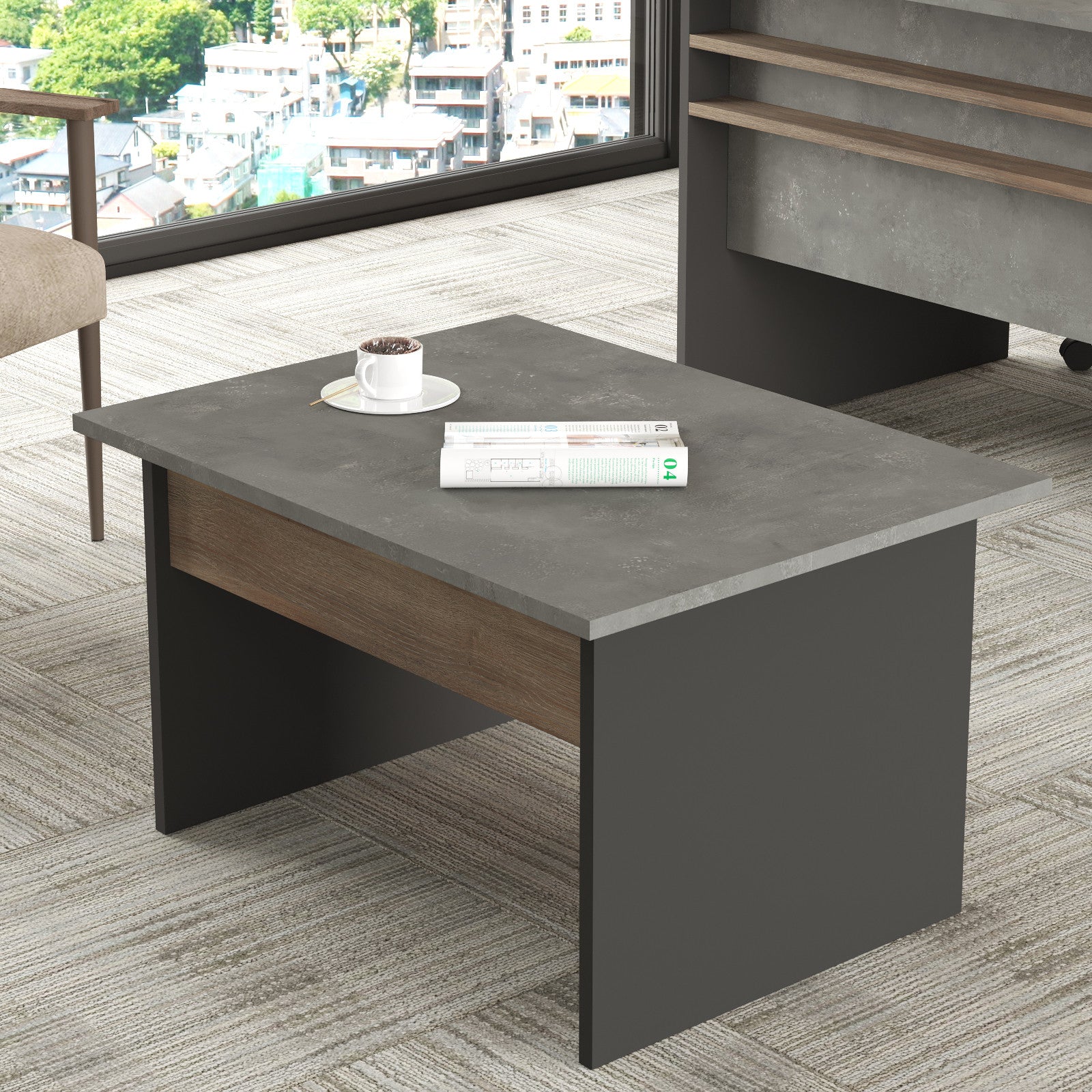 Table basse Gunko 80x60cm Bois foncén, Gris et effet béton