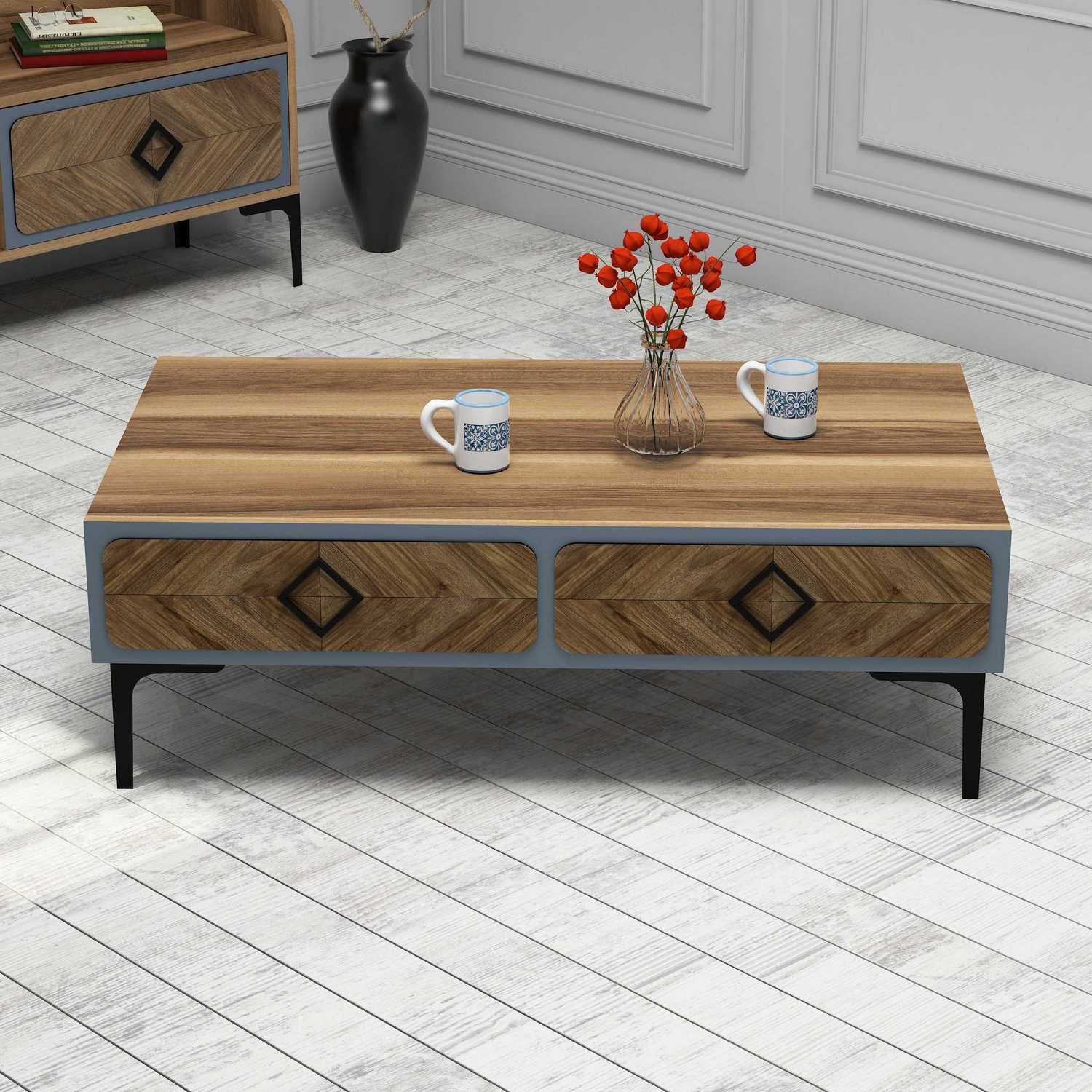 Table basse Lebon 105cm Bois foncé et Bleu