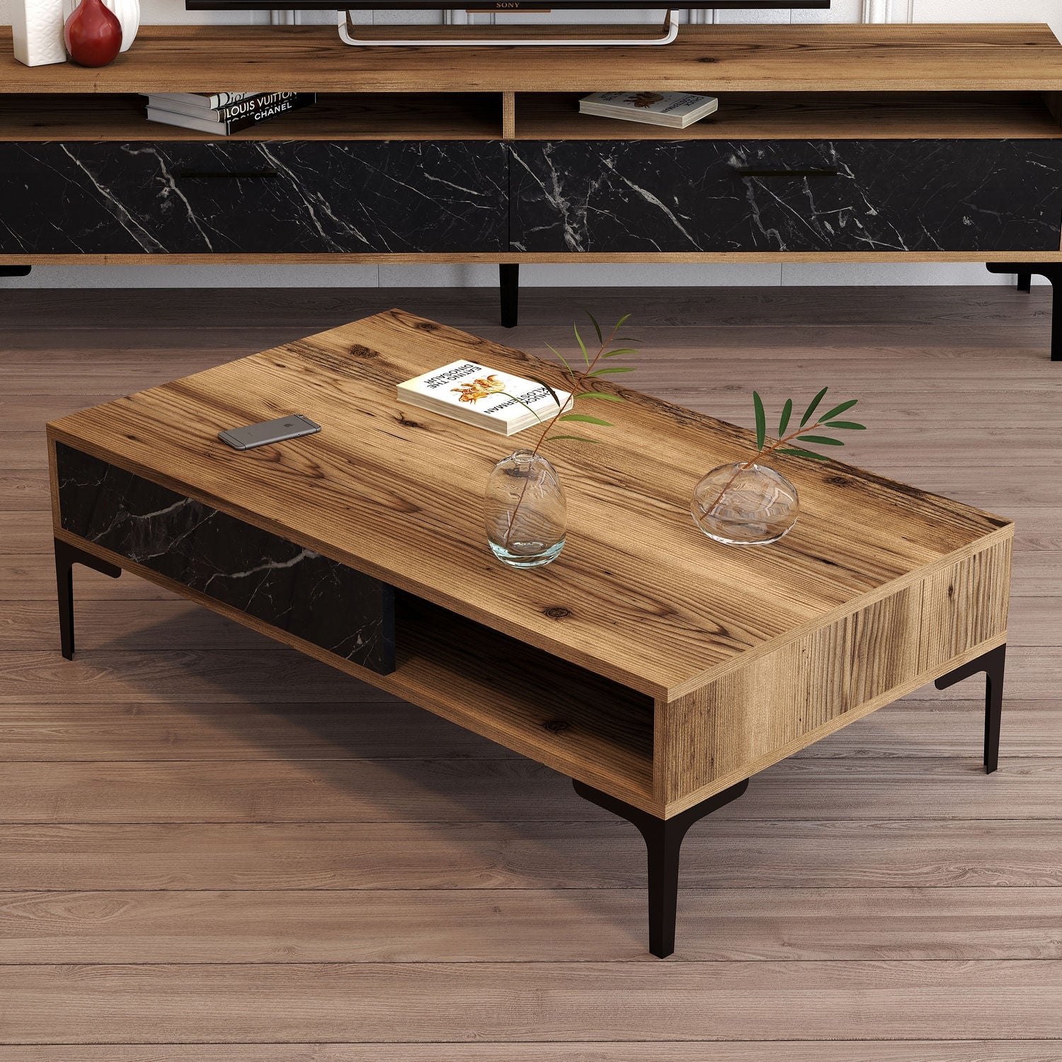 Table basse moderne Varnus 105cm Bois et Effet marbre Noir