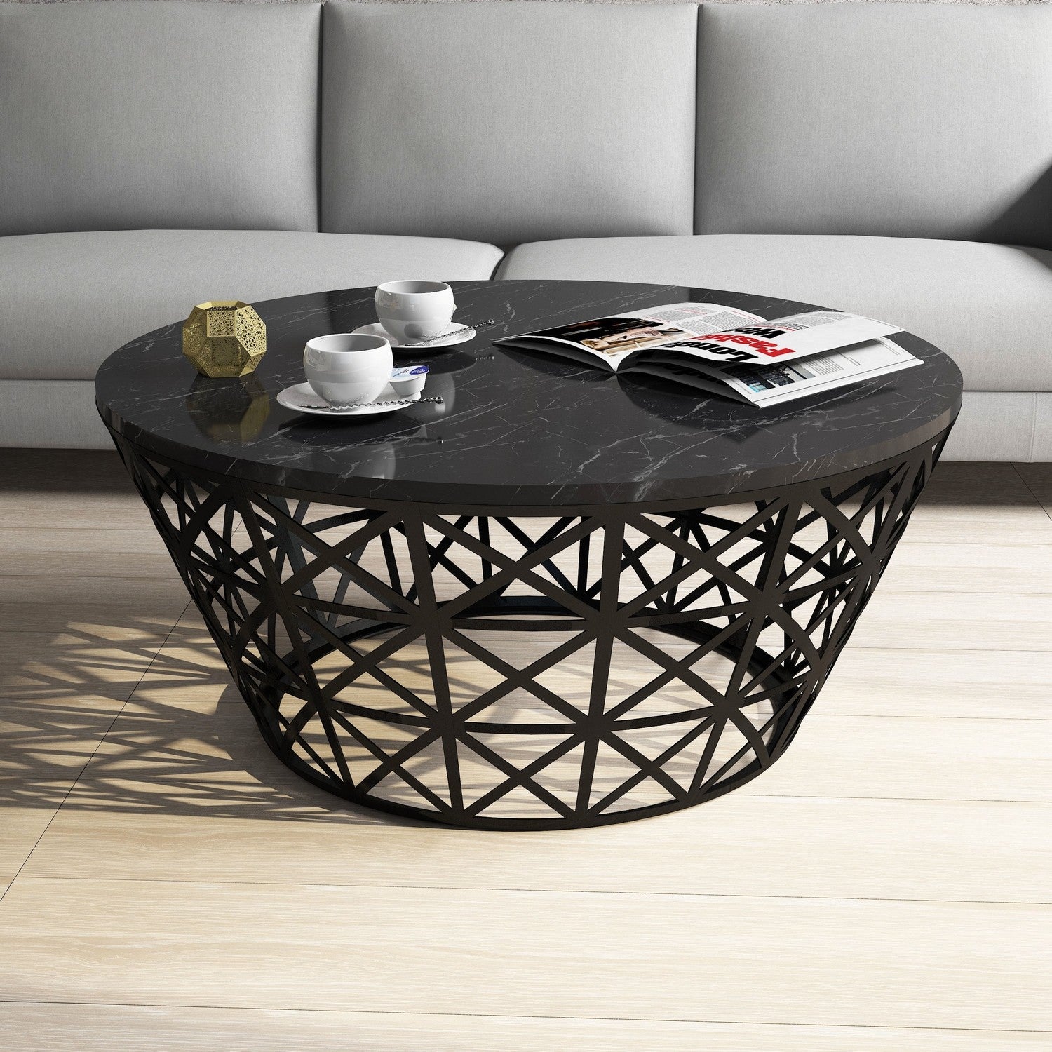 Table basse ovale Ellipticum support grille conique Mélaminé Marbre Noir et Métal Noir 