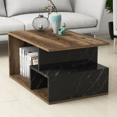 Table basse Rudoka L90xH42cm Bois Naturel et Effet marbre Noir