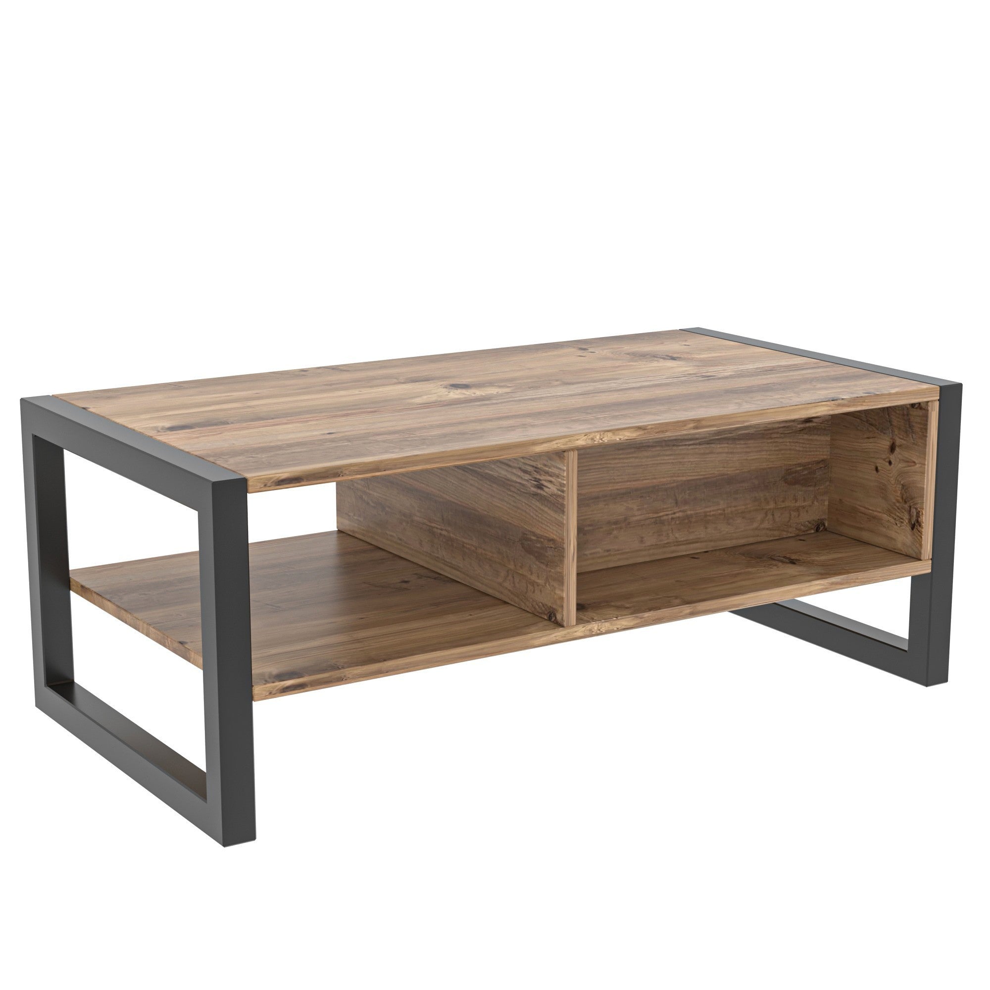 Table basse style industriel avec tiroir Lopardo L105cm Bois foncé et Métal Noir