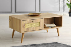 Table basse style scandinave 2 tiroirs avec cannage Albion 95cm Bois Chêne clair