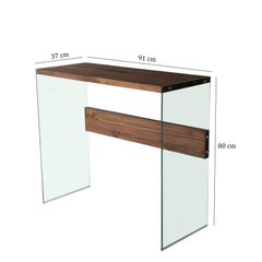 Table console Translucens 91cm Verre trempé Transparent et Bois Massif Naturel