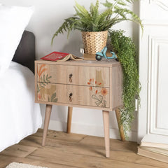 Table de chevet 2 tiroirs Sleek Bois Motif Chats Beige et feuilles Vert et Orange