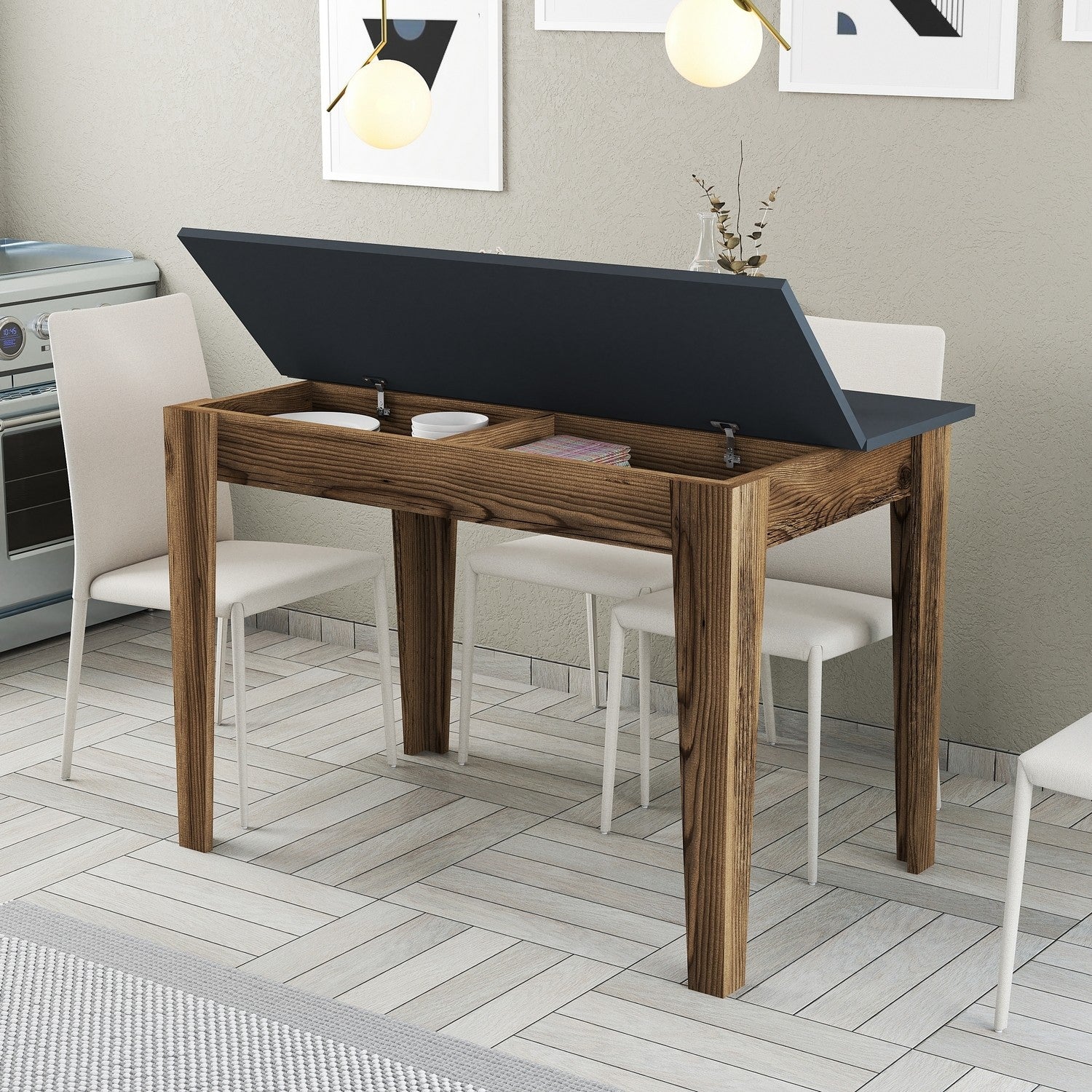 Table de salle à manger avec rangement Fiorita L110cm Bois et Anthracite