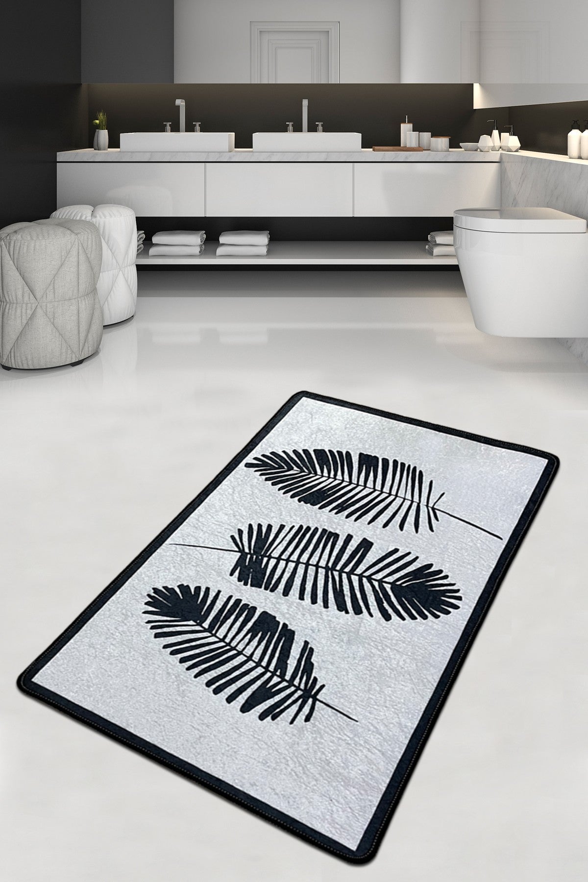 Tapis de salle de bain Bellová 70x120cm Motif Feuilles de palme Noir et Blanc