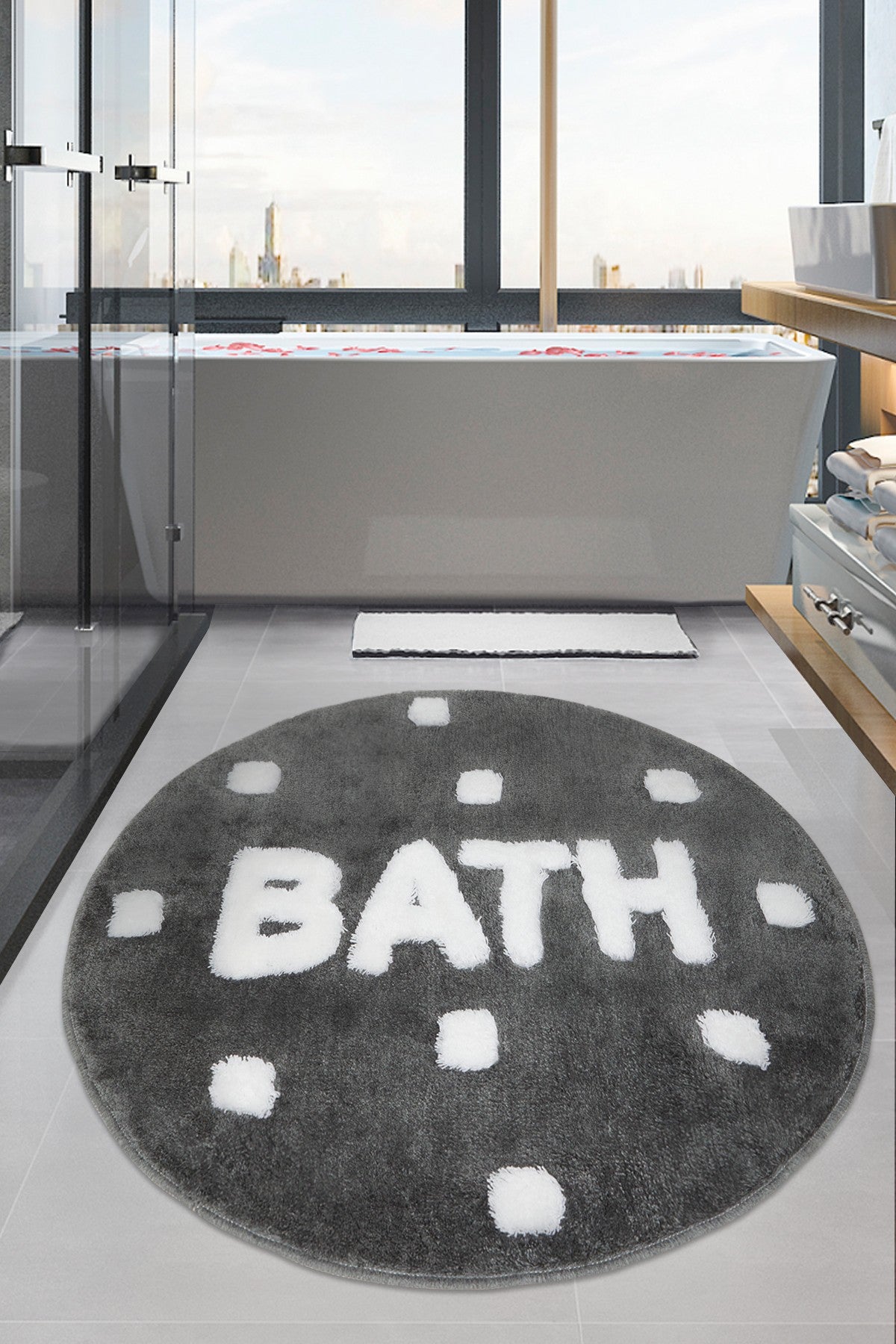 Tapis de salle de bain rond Artem carrés blancs BATH Ø90 cm Acrylique Blanc sur Gris