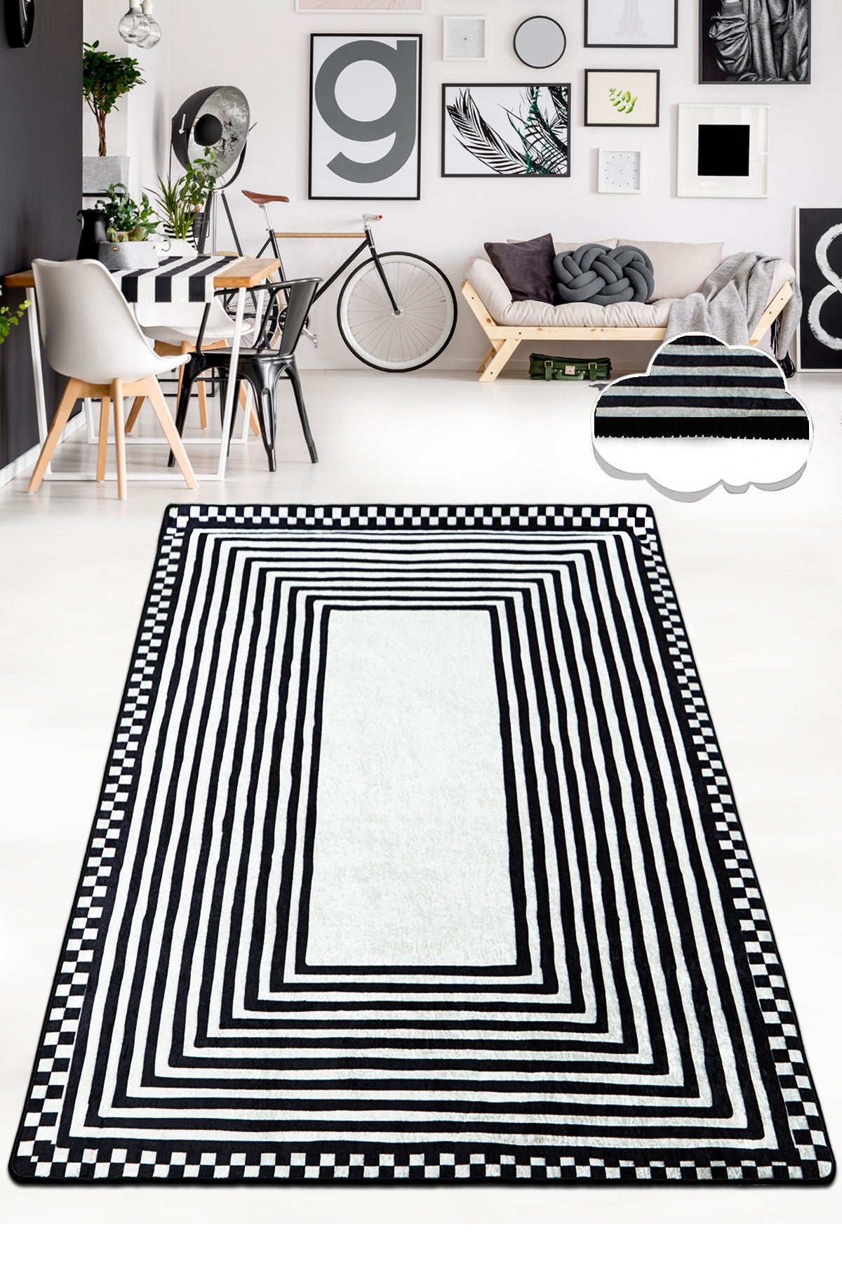 Tapis Meddur 150x240cm Velours Motif Rectangles Noir et Blanc