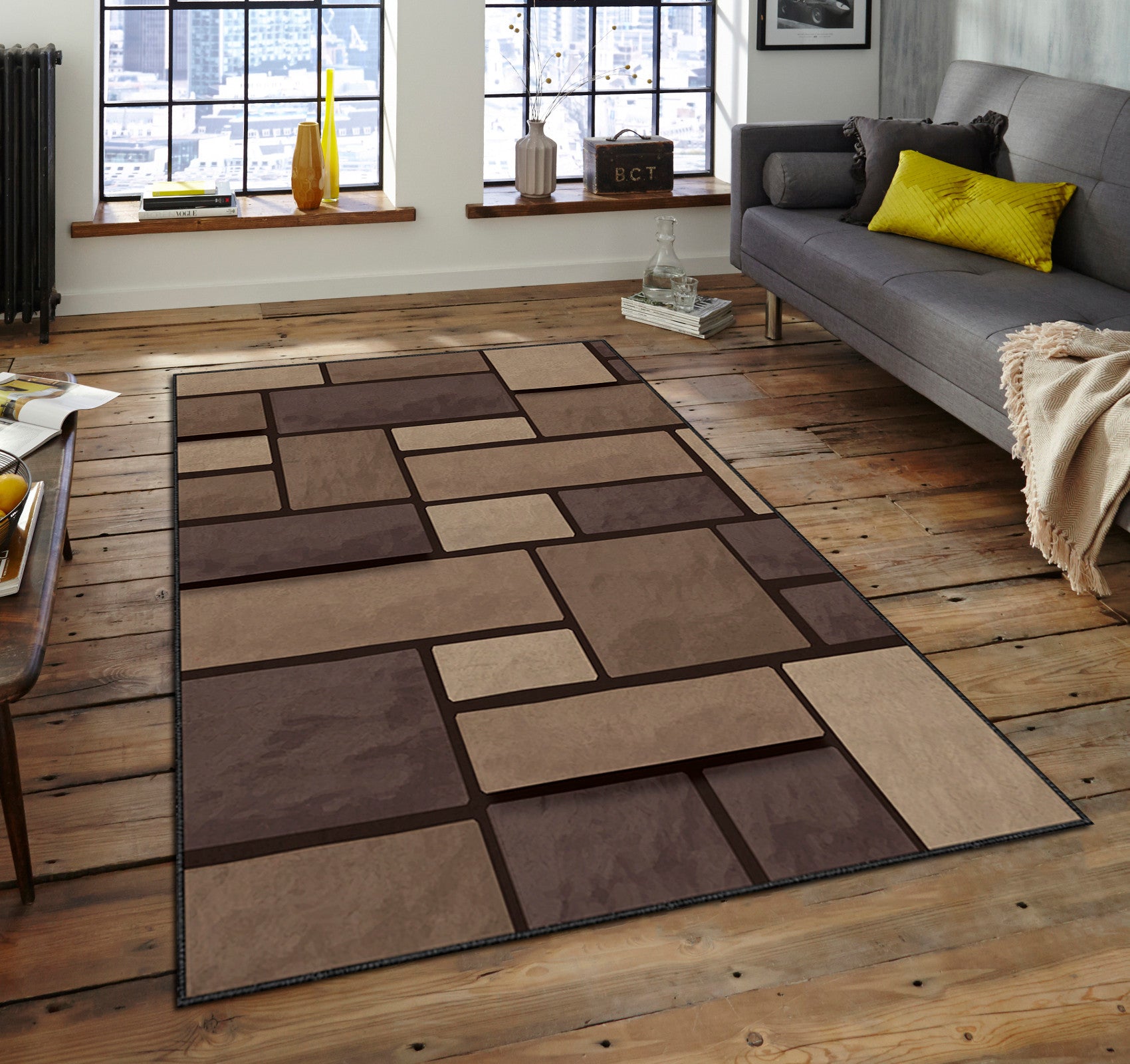 Tapis Natalia 160x230cm Motif Rectangle nuance de Marron dessous feutre antidérapant