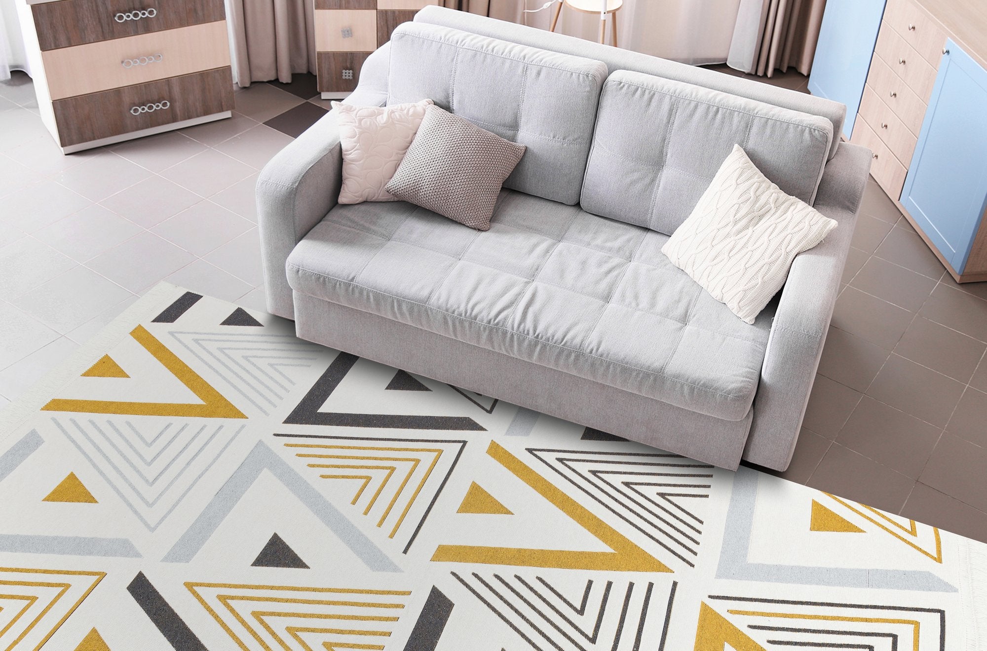 Tapis Oseille 120x180cm 100% Cotton Motif Triangulaire Gris, Jaune et Blanc